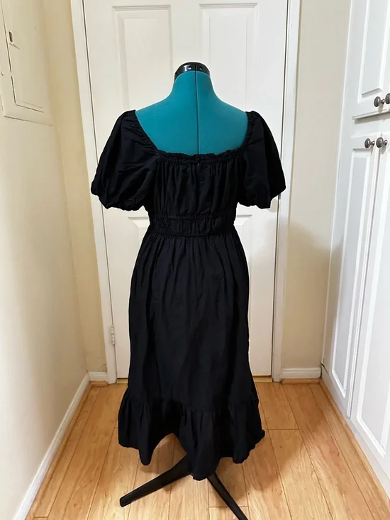 Dizzy Lizzy Sz M Lined Black Puff Sleeve Smocked Cotton Midi Dress w/ Ruffle Hem - Picture 3 of 8